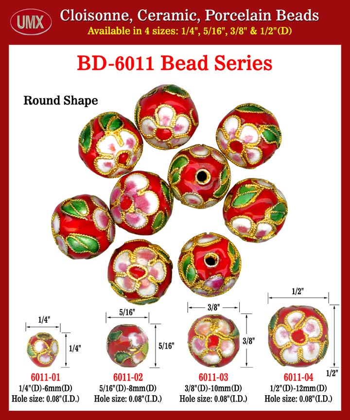 Cloisonne Spacer Beads - Round Red Enamel Flower Art.