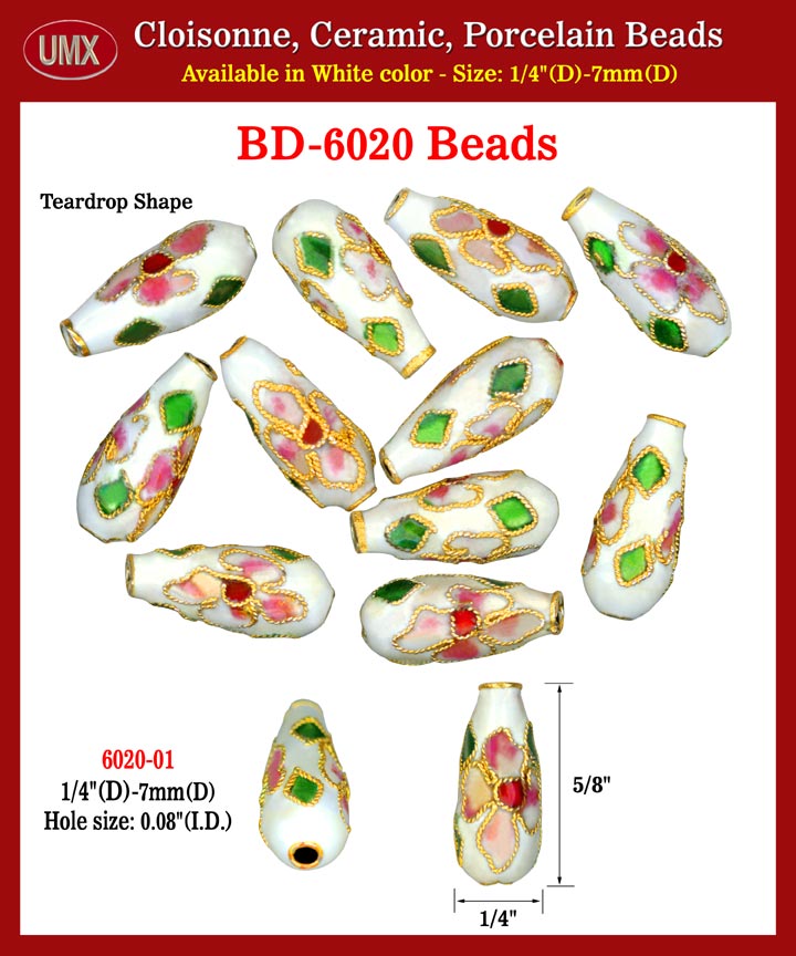 Cloisonne Teardrop Beads - Tear Drop Bead Supply - White Color Enamel Flower Arts.