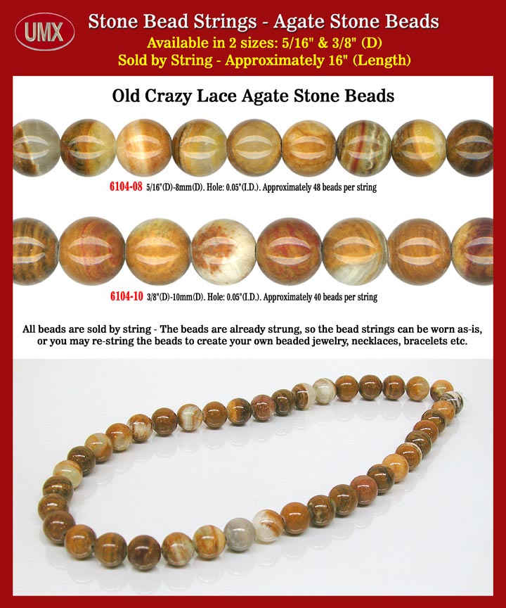 The attractive brown, Old Crazy Lace Agate Beads are man-made stone beads.
