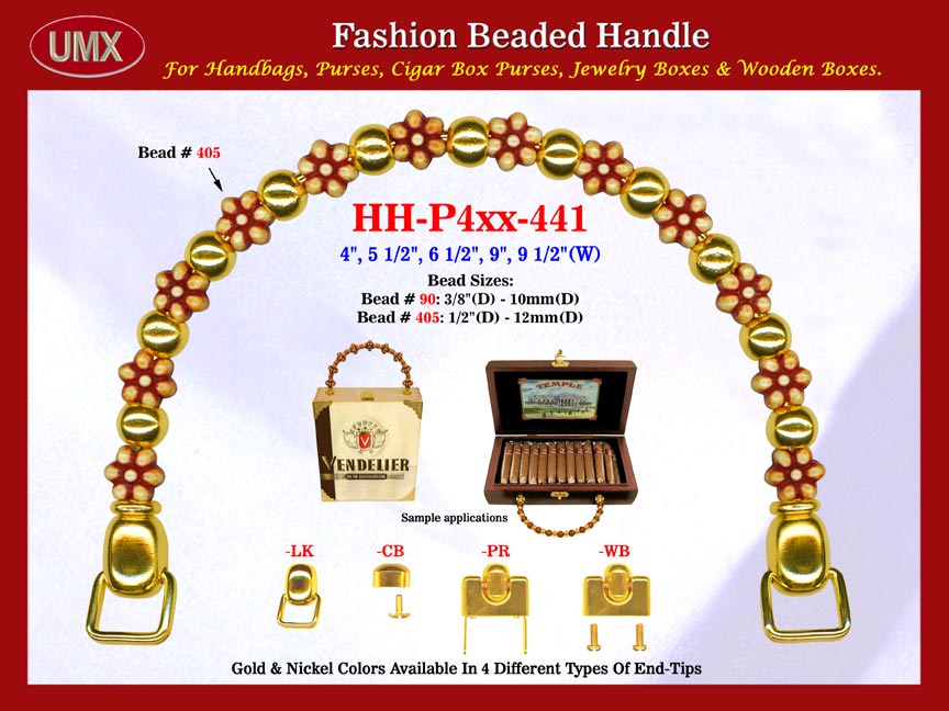 The wholesale handbags handles are fashioned from mixed flower beads, daisy flower beads, carved flower beads and metal beads.
