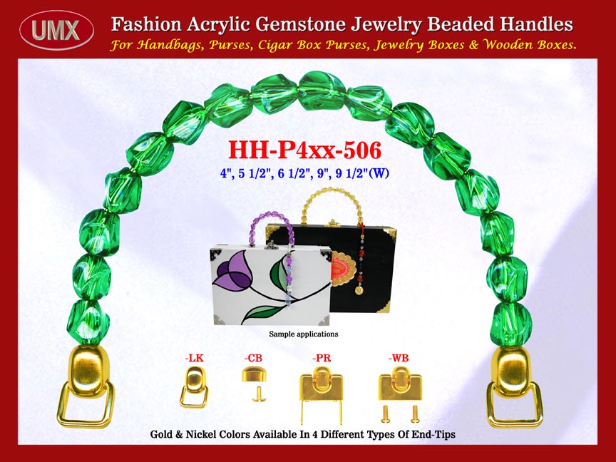 We are supplier of women's custom purse making hardware supply. Our wholesale women's custom purse handles are fashioned from gemstone Emerald green beads - acrylic gemstone beads.