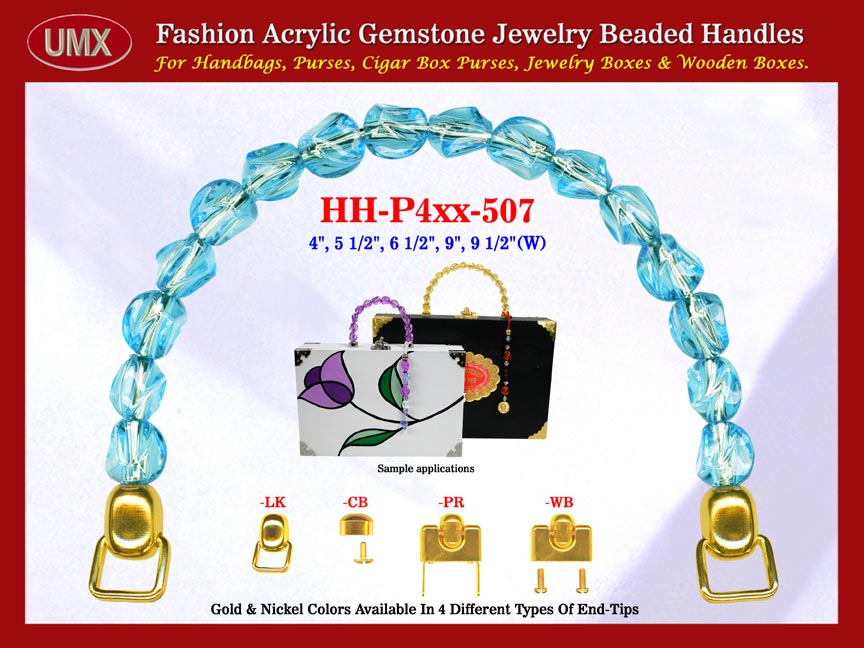 We are supplier of womens custom purse making hardware supplies. Our wholesale womens custom purses handles are fashioned from aquamarine gemstone beads - acrylic gemstone beads.
