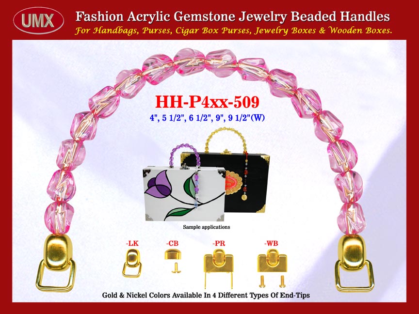 We are supplier of wholesale womens hand made purse making hardware supply. Our wholesale womens hand made purse handles are fashioned from pink gemstone beads - acrylic gemstone beads.