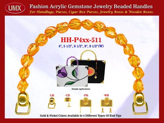 We are supplier of women's hand made purse making hardware accessory. Our wholesale women's hand made purse handles are fashioned from Tangerine gemstone beads - light amber color acrylic gemstone beads.