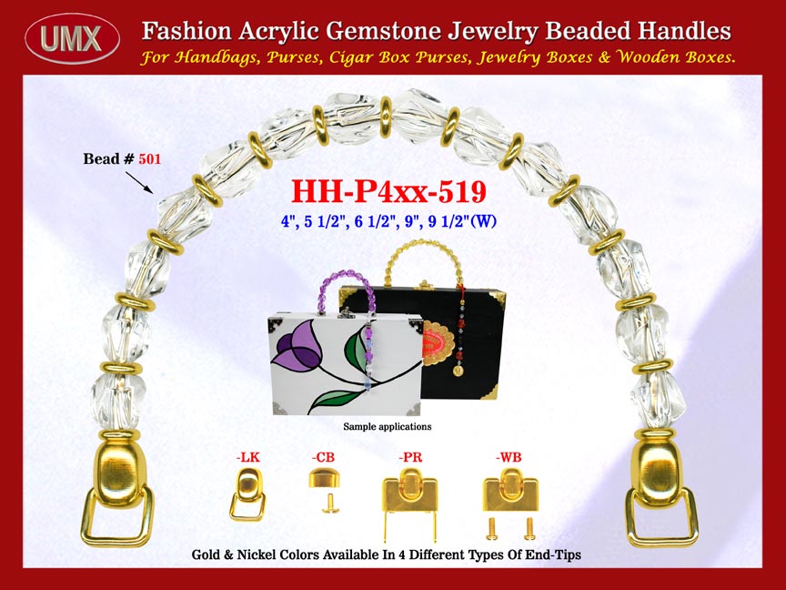 We are supplier of women's designer handbag making hardware accessory. Our wholesale women's designer handbag handles are fashioned from crystal gemstone beads - acrylic clear gemstone beads.