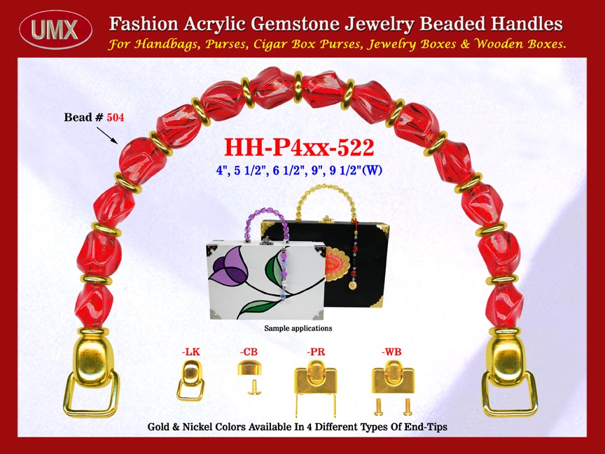 We are supplier of women's leather handbags making hardware Supplies. Our wholesale women's leather handbag handles are fashioned from ruby red gemstone beads - acrylic ruby gemstone beads.