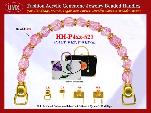 We are supplier of women's microfiber handbag making hardware supplies. Our wholesale women's microfiber handbag handles are fashioned from pink gemstone beads - acrylic pink beads.