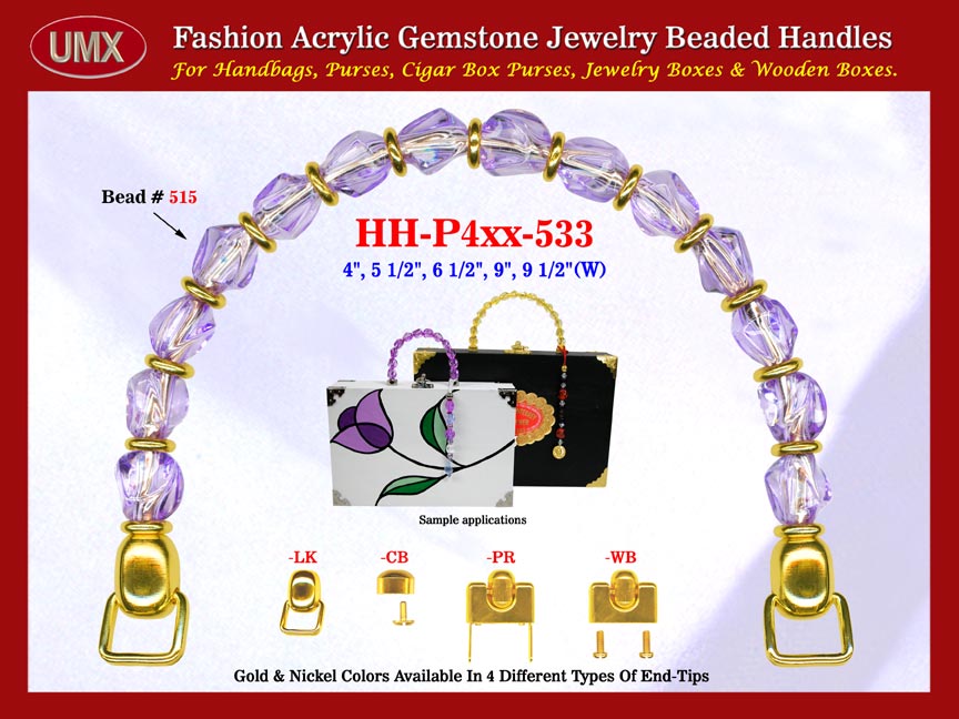 We are supplier of women's custom made handbag making hardware supplies. Our wholesale women's custom made handbag handles are fashioned from lilac gemstone beads - acrylic lilac beads.