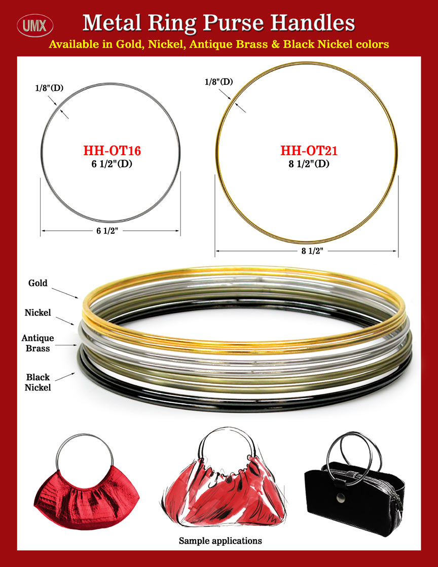 Fashion Metal Ring Purse Handles: Gold, Nickel, Black Nickel and Antique Brass Bag Handles