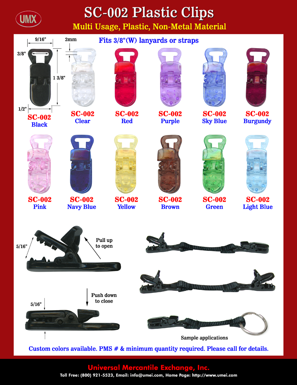 Our SC-002 plastic clips are great design for a variety of applications, like making fashion clothing, head clips, head set clips, pacifier clips, furniture, car, luggage, outdoor sporting accessories, name badges or lanyards. 
