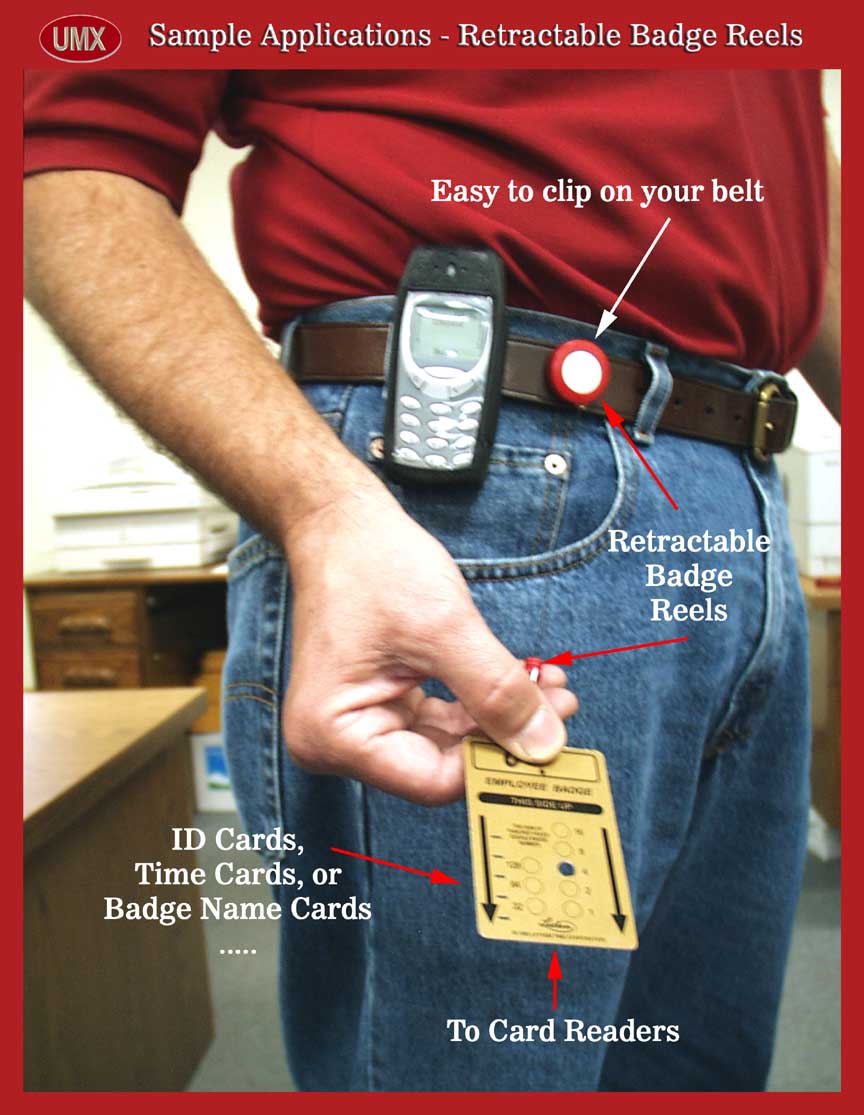 This picture show you, how to clip your ID card reel and cell phone over the same belt.