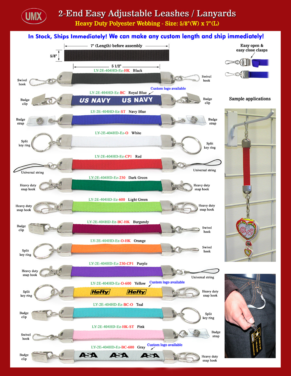 The great designed 5/8" Ez-Adjustable plain color double-end Leashes/2-end lanyards come with 5/8" heavy duty polyester straps. 