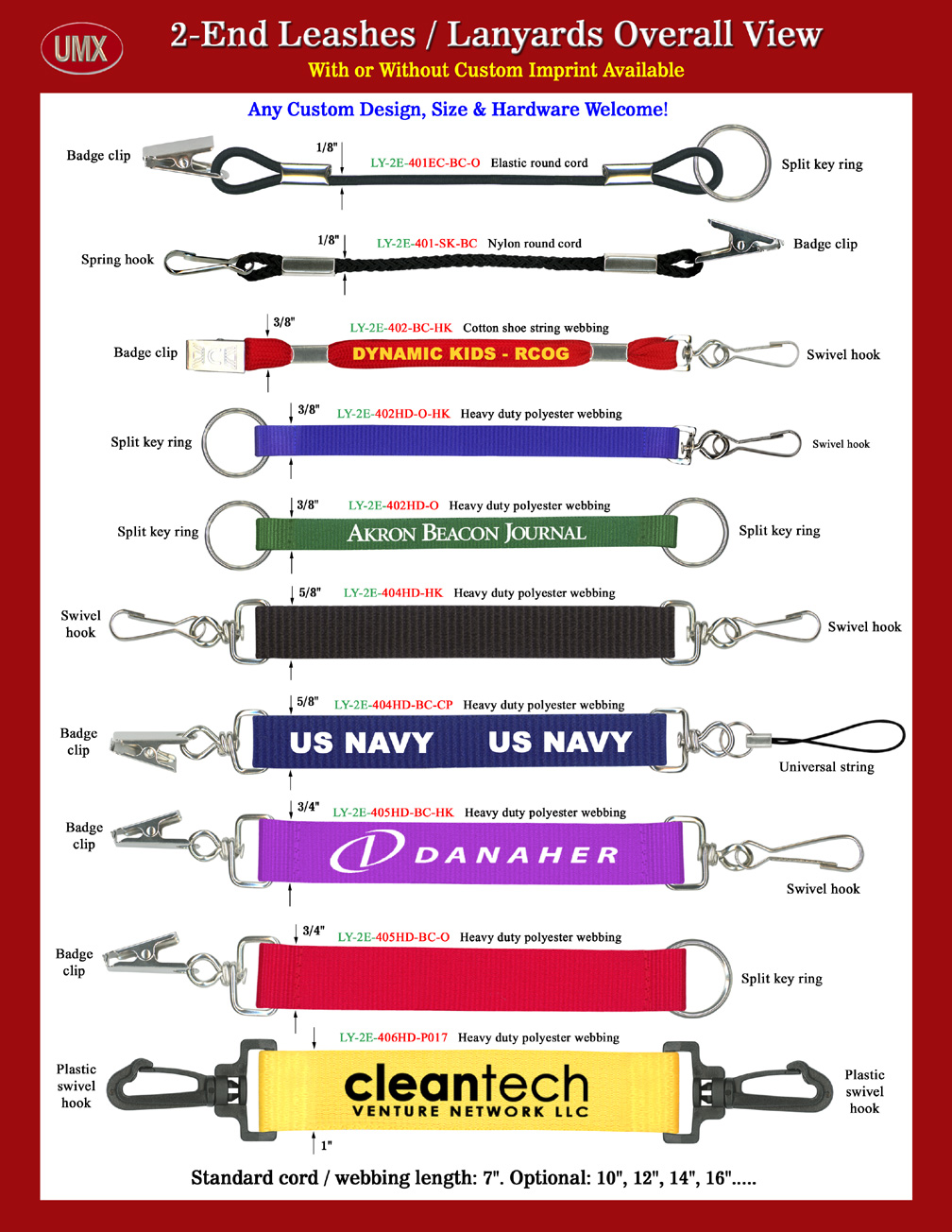 2-End Leash Lanyards - Overall View - 1/8", 3/8", 5/8", 3/4" and 1" Sample Applications.