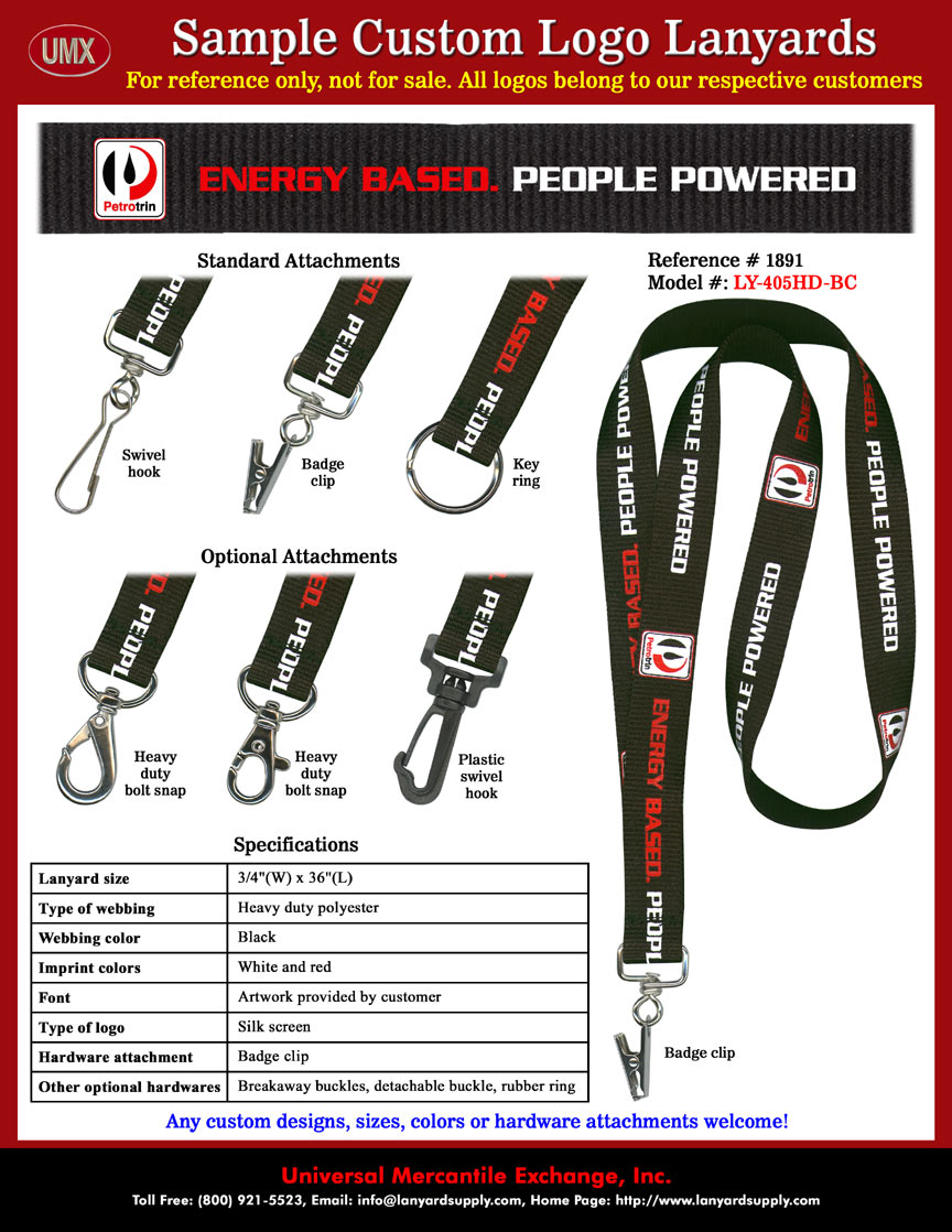 3/4" Custom Printed: Petrotrin Energy Based People Powered Lanyards - with Black Color Lanyard Straps and White Color Logo Imprinted.