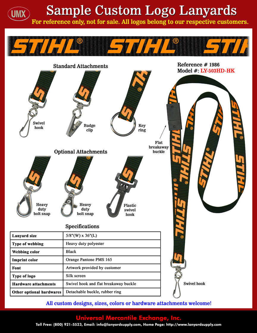 5/8" Custom Printed STIHL Power Tools - The World's Leading Chainsaw Brand - Safety Badge Holder Lanyards.