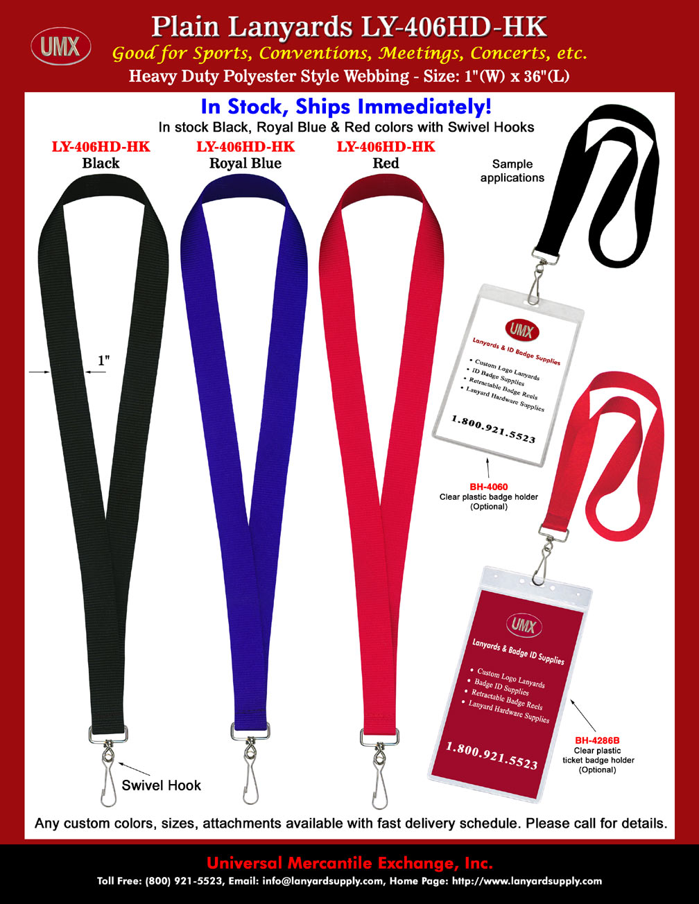 1" Big, Thick, Economic and Non-Printed Lanyards - For Sporting Ticket, Event Pin or ID Name Badge Holders