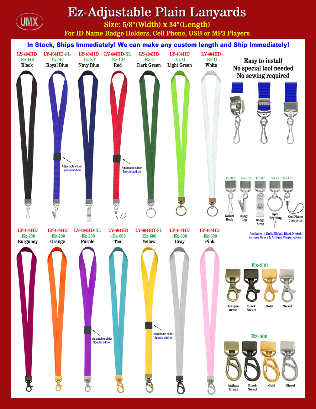 Ez-Adjustable Plain, Non-Printed or Blank Lanyards: Variable Length With Belt or Hat Straps Style of  Cam Buckles.