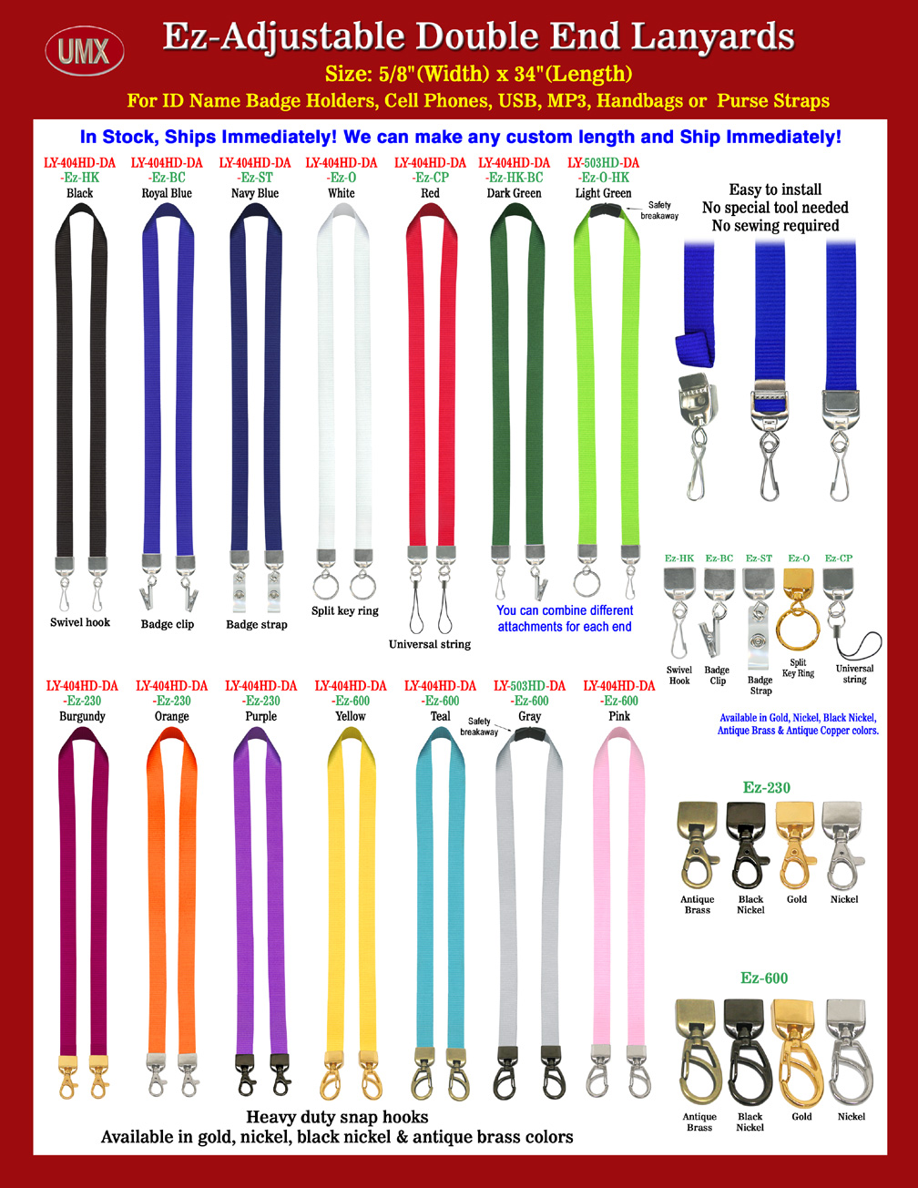 Ez-Adjustable Double Ends Plain, Non-Printed or Blank Lanyards: Variable Length With Belt or Hat Straps Style of  Cam Buckles.