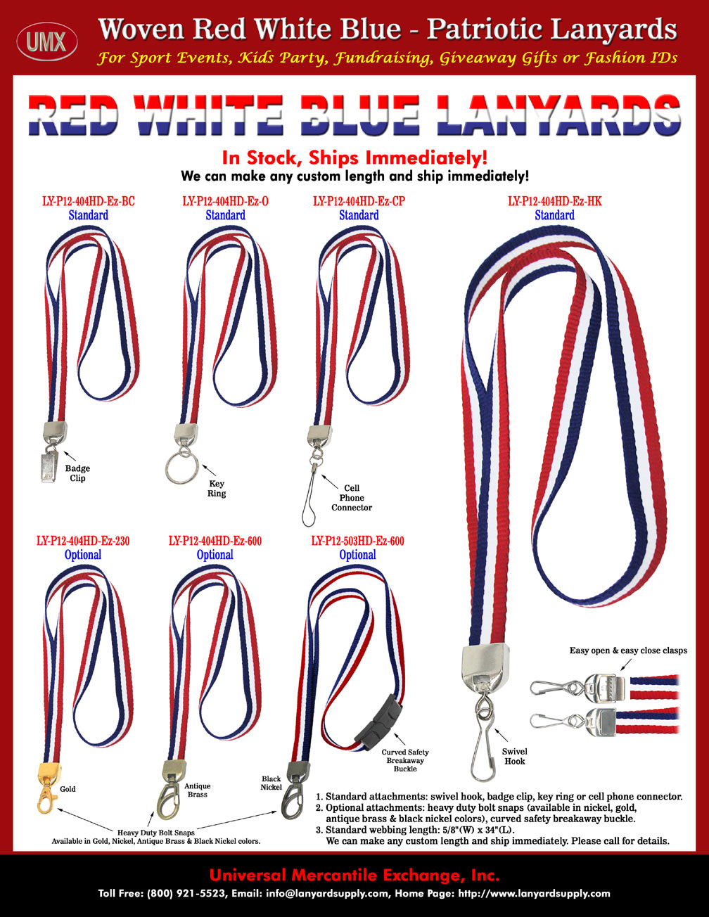 UMX Red-White-Blue Stripe Lanyards: Cell Phone Straps and Neck Ribbon Medal Award Lanyard Supplies