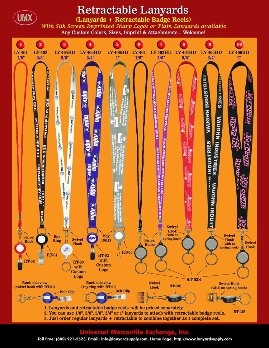 Retractable Lanyards = Retractable Badge holders, Reels, Clips, KeyChains  or Swivel Hooks + Lanyards