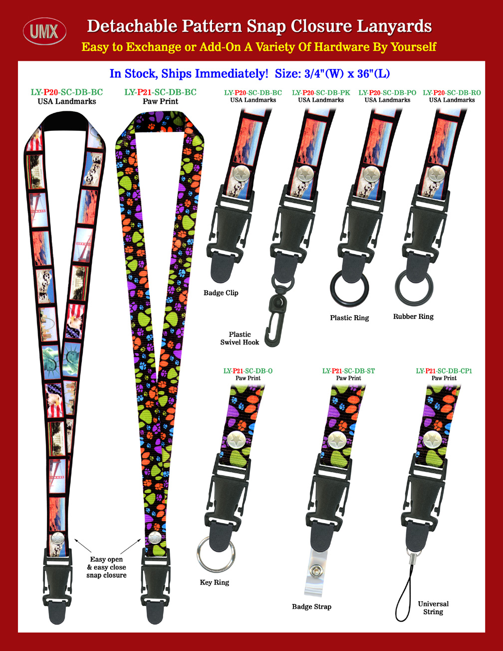 3/4" USA Landmark and Paw Print Quick Release Snap Closure Lanyards.
