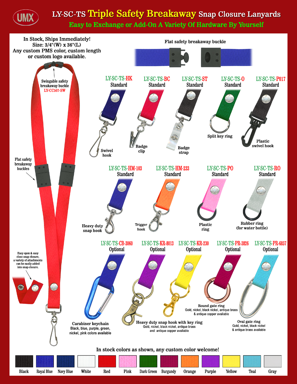 3/4" Three Safety Breakaway Snap Closure Lanyards With Triple Protection.