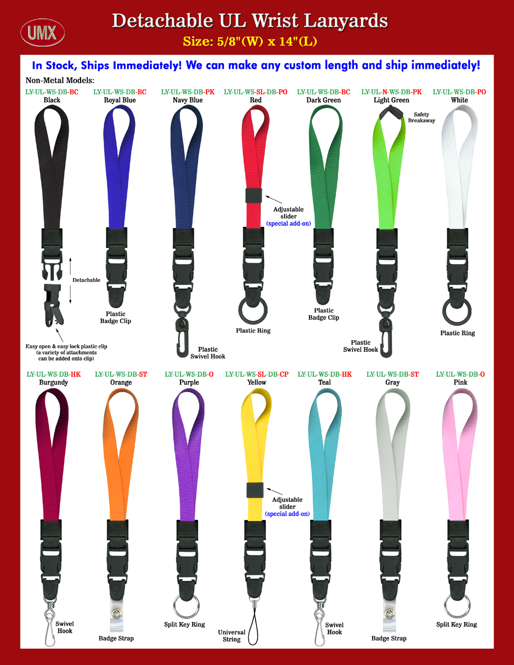 5/8" Heavy Duty Quick Release Plain Color Universal Link Wrist Lanyards - Detachable Wrist Lanyards With 13-Colors In Stock.