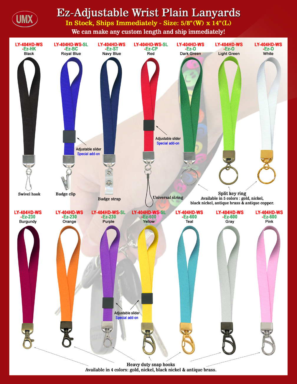 Ez-Adjustable Plain Color 5/8" Wrist Lanyards. The heavy duty and high quality wrist straps come with black, red, white, royal blue, navy blue, burgundy, dark green, light green, pink, orange, yellow, purple, gray and teal color available. You can order custom PMS color of wrist strap for you special application too.