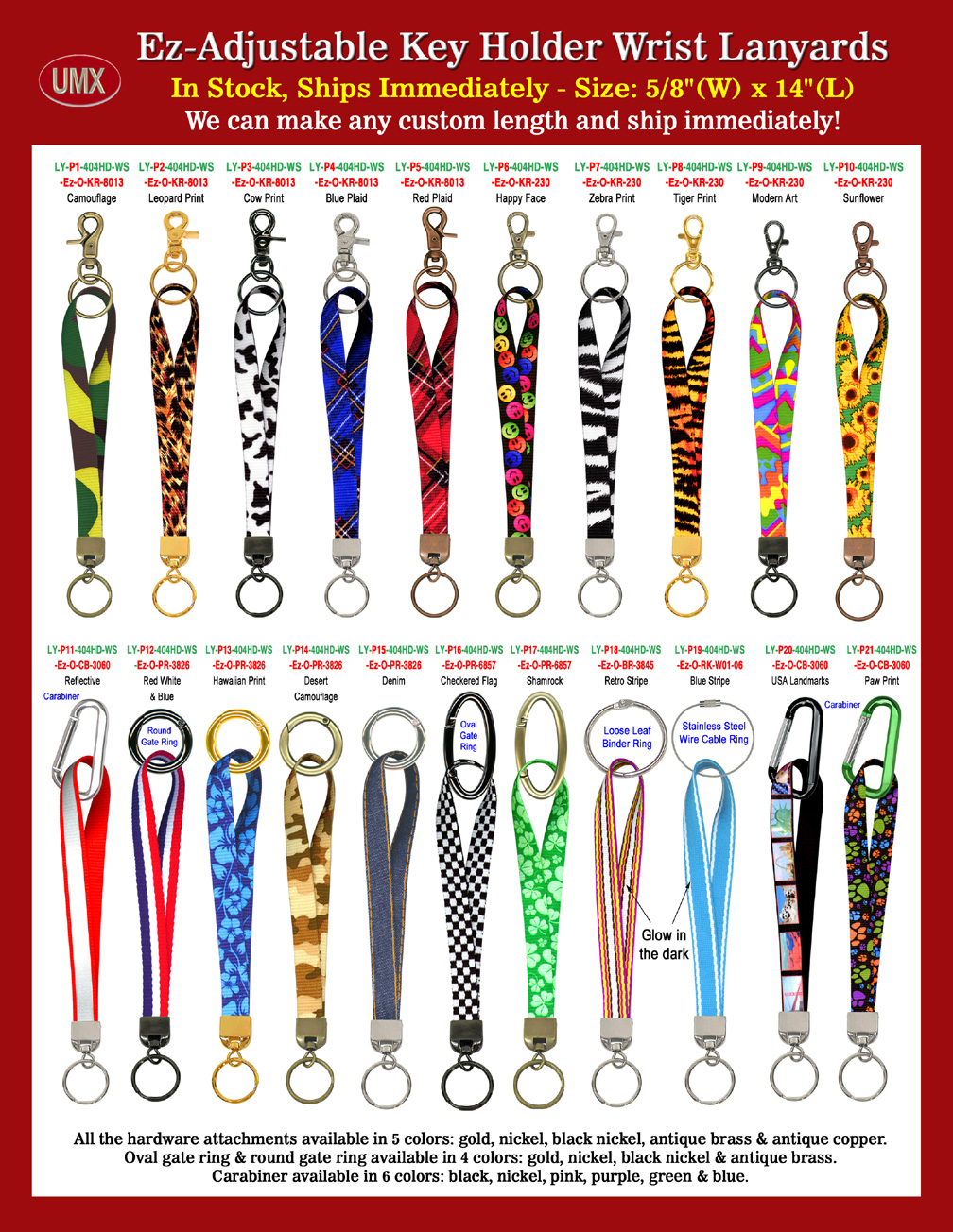Key Holder Lanyards With Forest Camouflage, Leopard, Cow Print, Blue and Red Plaid, Happy Face, Zebra Print, Tiger Print and Modern Art Themes.