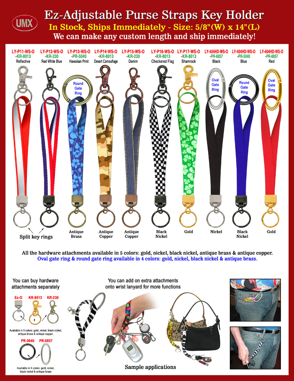 Key Holder Lanyards With Sunflower, Reflective, Red-White-Blue Stripes, Hawaiian, Desert Camo and Woven Denim Patterns.