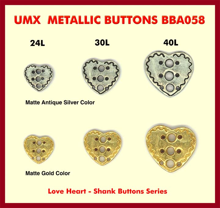 metallic buttons, love heart buttons BBA058