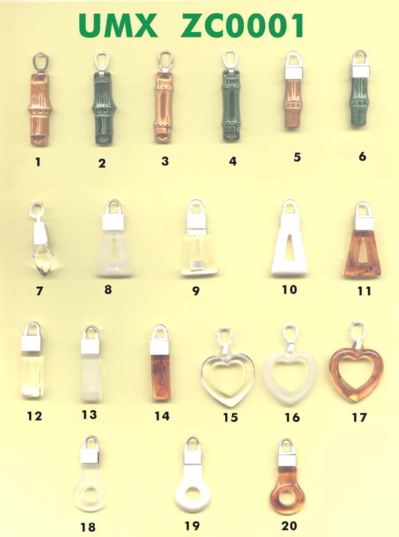 Zipper pulls, zipper sliders, fashion pulls series 1 for zipper, bags, belts, buckles, buttons,
notions, novelties, shoes, ornaments, trims, trimmings, laces,snaps, hooks and garment
manufacturers