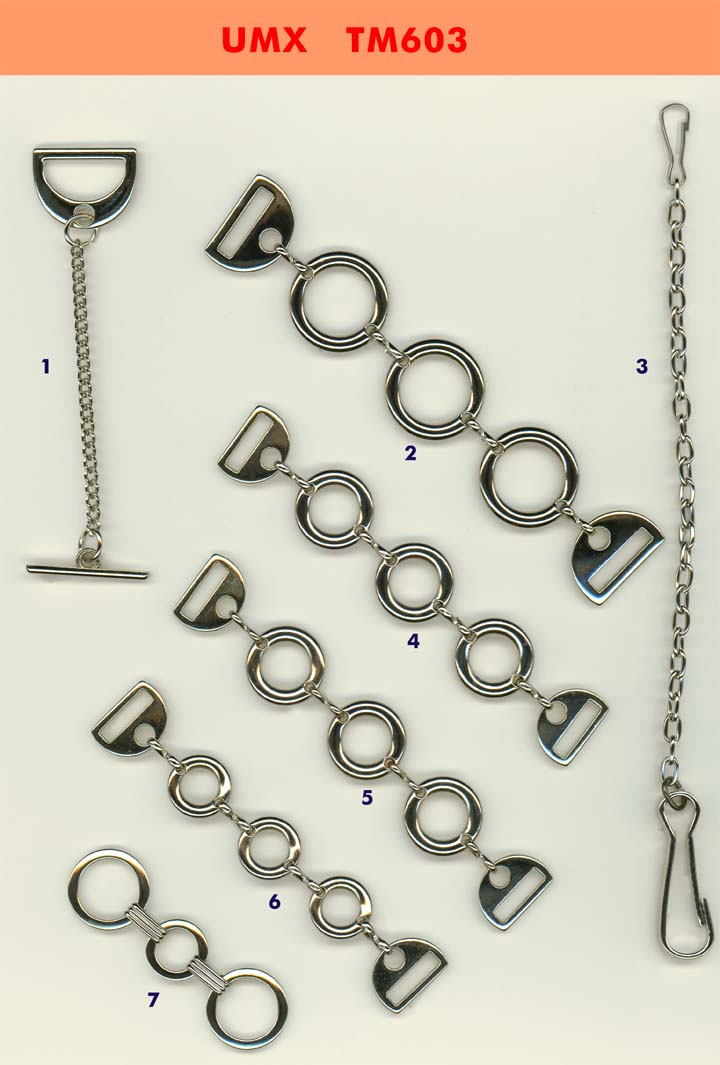 large picture of metal chains, logos, buckles, trims series tm603